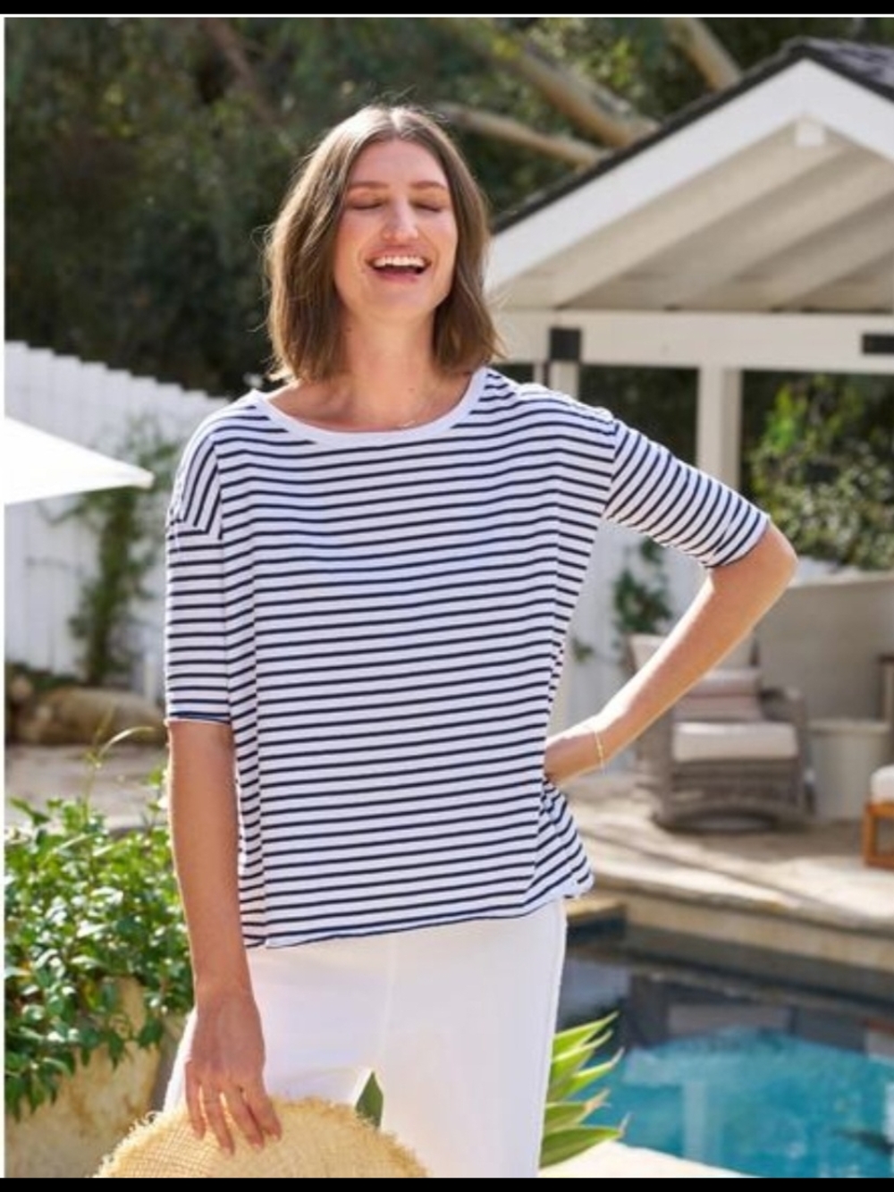 Frank & Eileen White and Navy Striped Crew Neck 3/4 Sleeve Tee